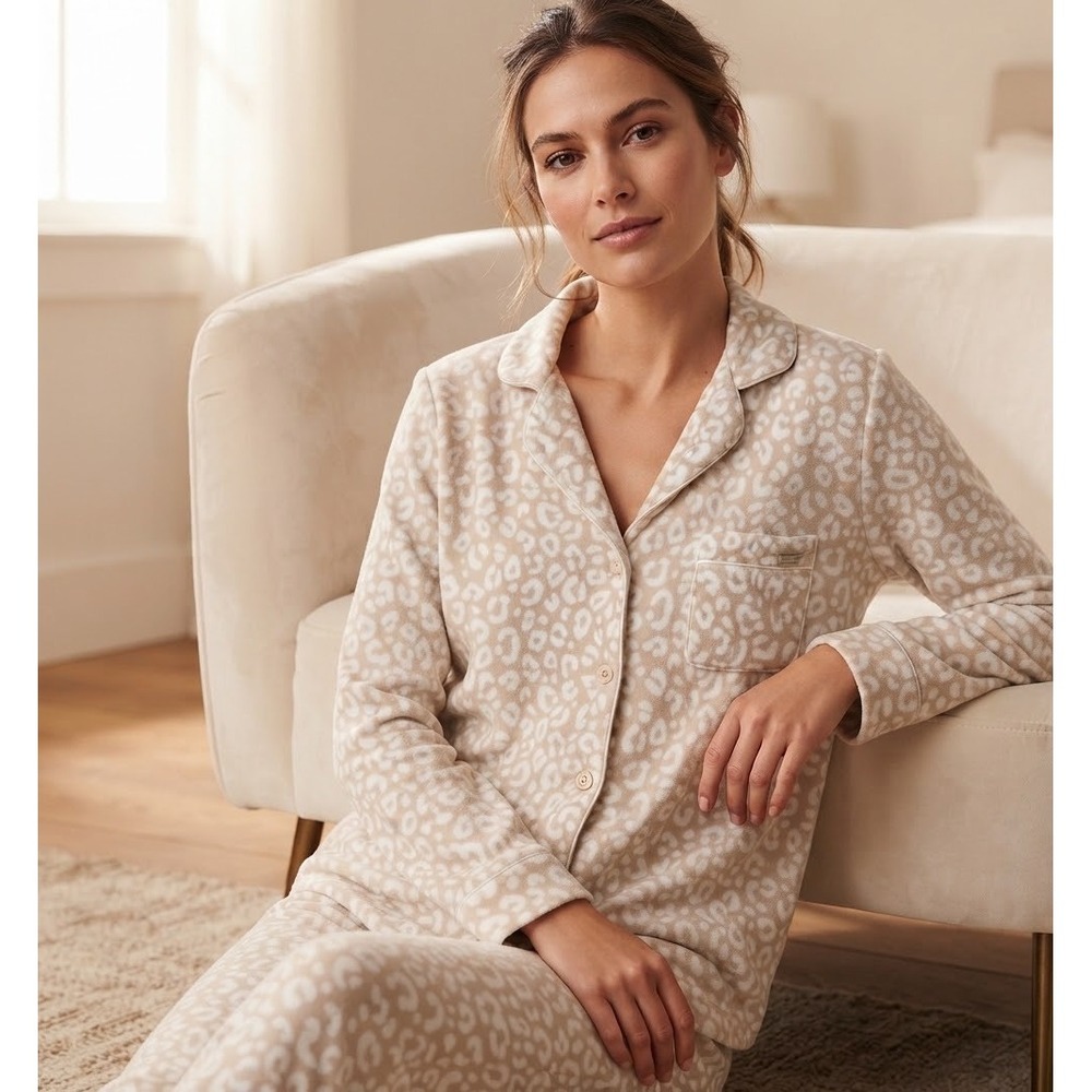 Tahari Women's Size M Beige Leopard Fleece Button Pajama Top Animal Print Sleep